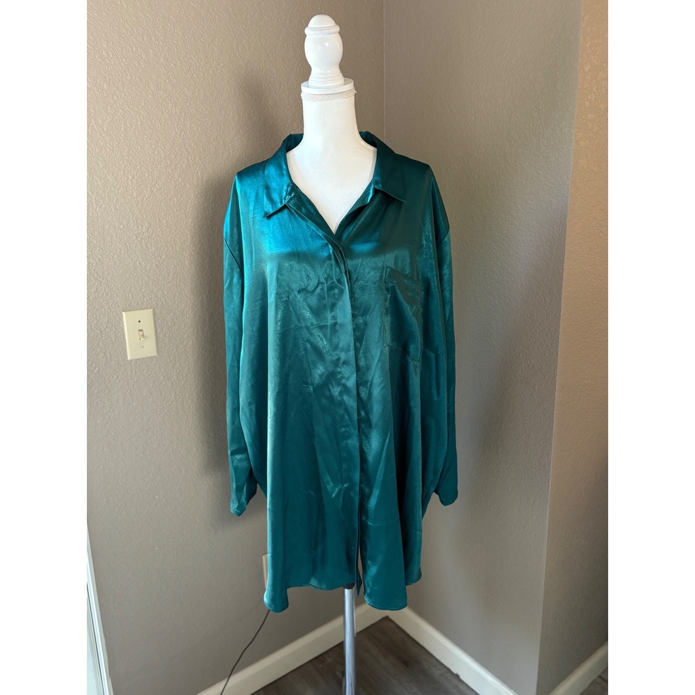 Lane Bryant Intimates Teal Green Satin Button Front Sleep Shirt Plus Size 26/28